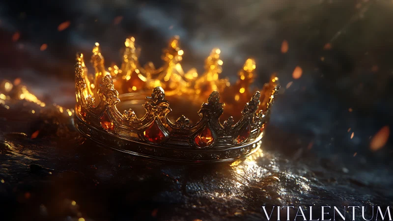 Golden crown with red gems on wet stone surface.