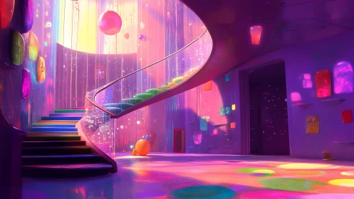 Colorful spiral staircase curves through neon lit interior