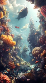 Sunlit whale gliding above a towering coral canyon seascape.