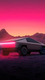Futuristic desert truck glowing under a neon pink sunset.