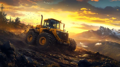 Sunrise bulldozer rumbles heroically across molten mountain mud