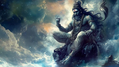 Divine blue-skinned deity seated amid swirling cosmic clouds.