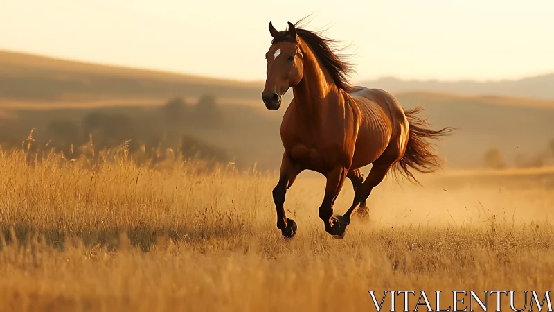 Horse runs through dry grassland at golden hour sunset