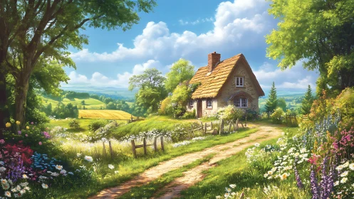 Sunny country cottage amid fields and wildflowers landscape.