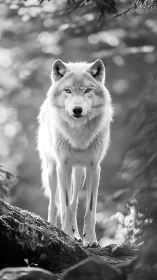 Silver forest sentinel: lone white wolf in quiet focus.