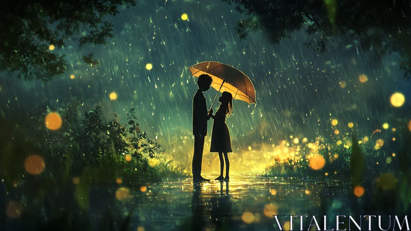 Luminous Rainstorm: Silhouetted Couple Beneath Golden Umbrella.