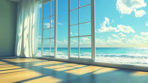 Sunlit coastal room overlooks bright turquoise ocean waves