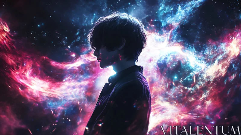 Starlit dreamer stands wrapped in swirling cosmic color