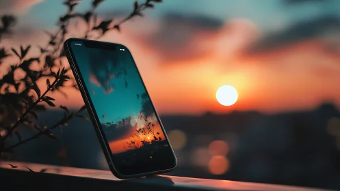 Photorealistic smartphone sunset reflection with bokeh depth.