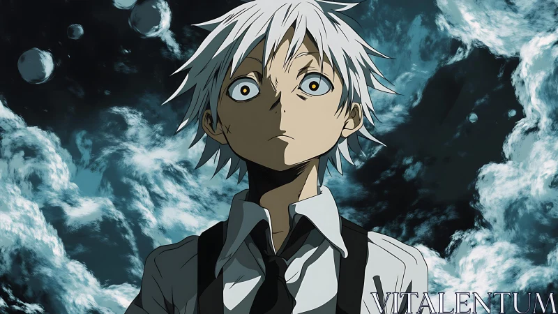 White-haired anime boy framed by stormy celestial clouds.