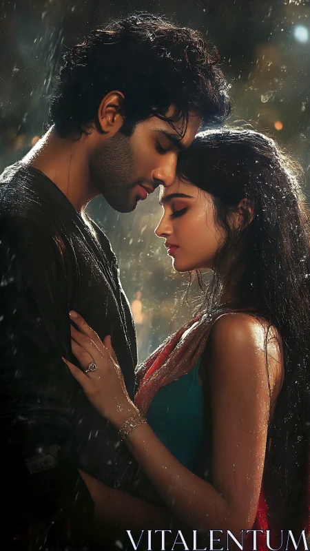 Intimate Rain Embrace. Romantic couple shares tender moment in rainfall.