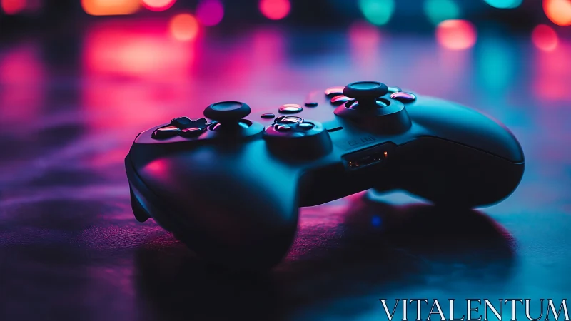 Next-generation gaming controller rendered in neon-saturated environment.