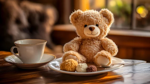 Plush teddy bear on dessert plate beside teacup at table.