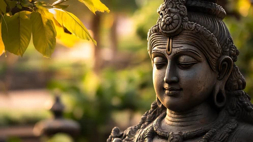 Gentle stone deity bathed in golden garden sunlight.