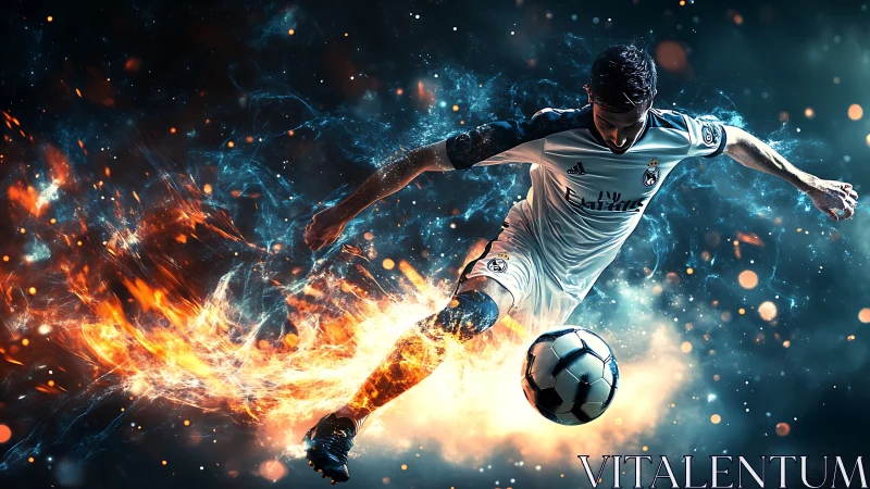 Dynamic soccer striker in mid volley with fiery energy trails