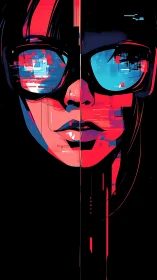 Neon cyber portrait split by glitching mirror symmetry.
