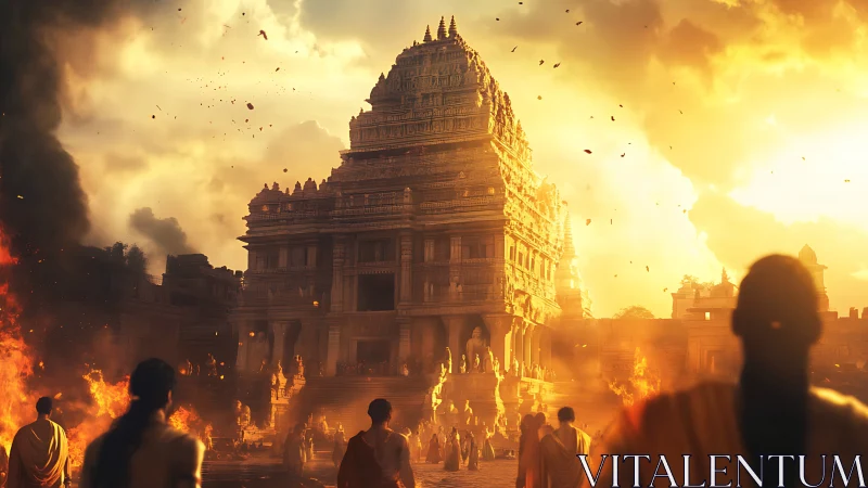 Ancient stone temple amid fire and smoke at golden sunset.