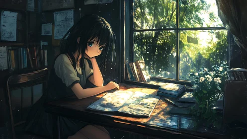 Anime study interior with luminous window light rendering.