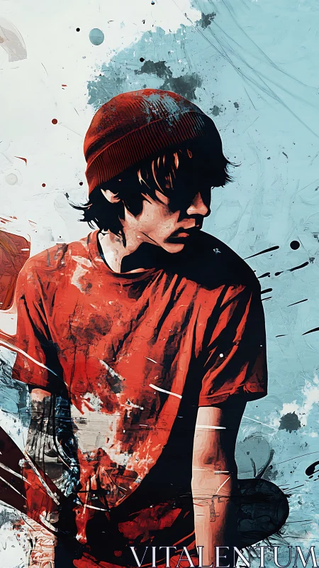 Portrait of pensive youth in red with bold paint splashes.