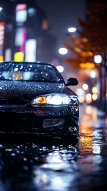 Neon-lit sports car headlight cuts through wet nocturnal streets