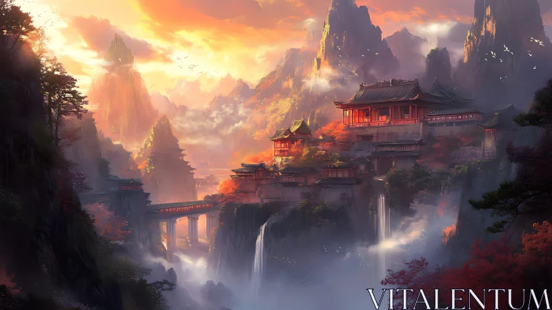 Sunlit cliffside temple complex amid misty waterfalls and peaks
