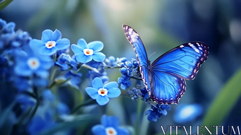 Blue morpho butterfly on saturated blue wildflowers in bokeh field.