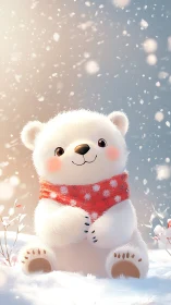 Adorable polar bear cub smiles in softly falling snowflakes.