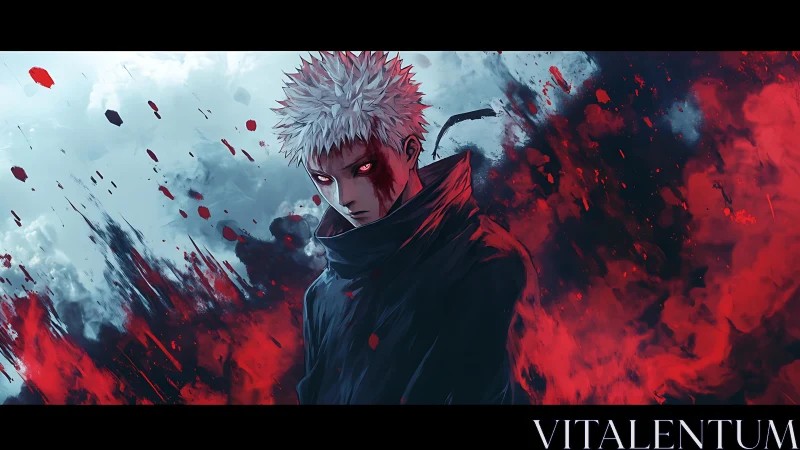 White haired anime antihero in red and blue abstract energy storm