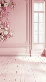 Soft pink floral room glows with romantic natural light