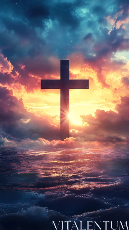 Radiant cross rising over a glowing ocean sky at dawn.