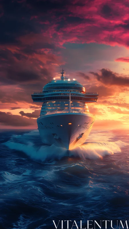 Cruise ship bow cutting through ocean at vivid sunset sky.