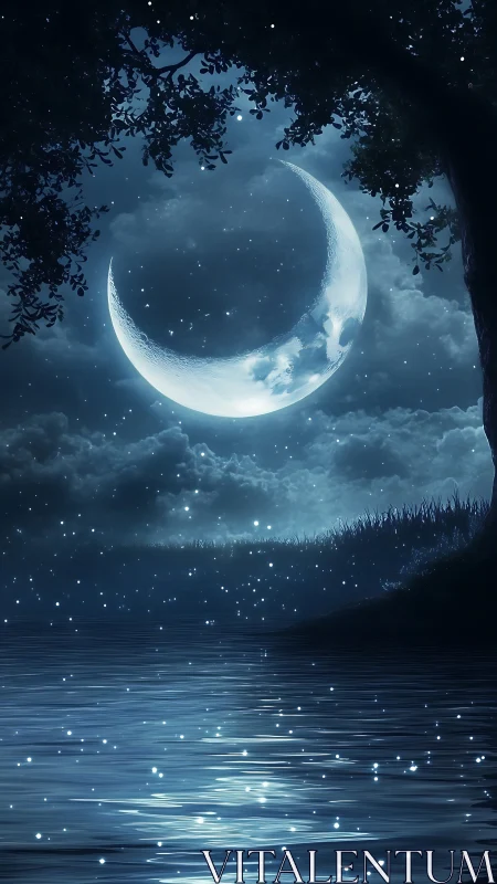 Luminous crescent moon over nocturnal lake in digital painting.