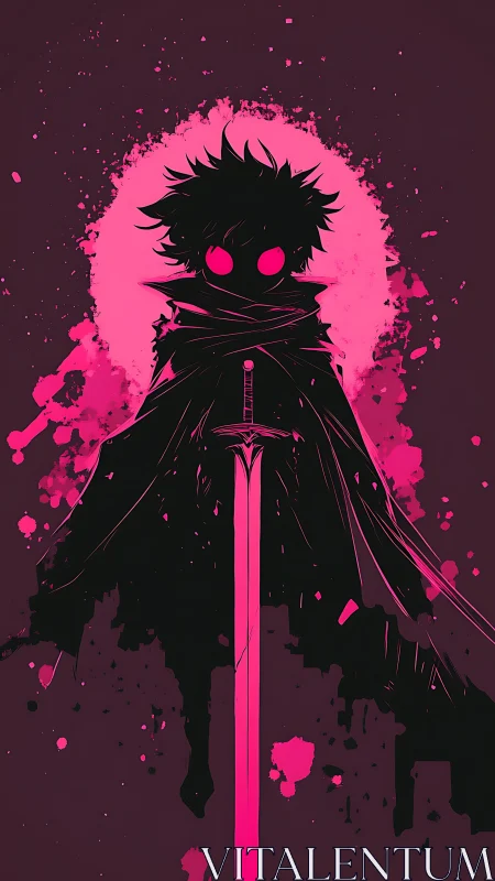 Silhouetted sword figure with neon pink circular backdrop.