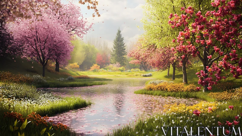 Spring blossom valley surrounds reflective riverside pond.