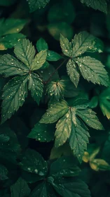 Macro study of wet palmate foliage with shallow depth of field