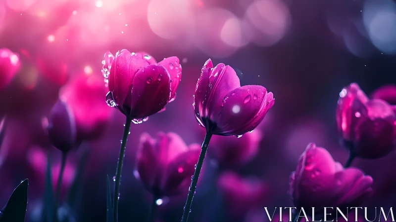 Magenta tulips with water droplets in soft focus.