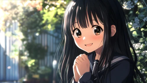 Sunlit anime schoolgirl portrait with bokeh garden lighting.
