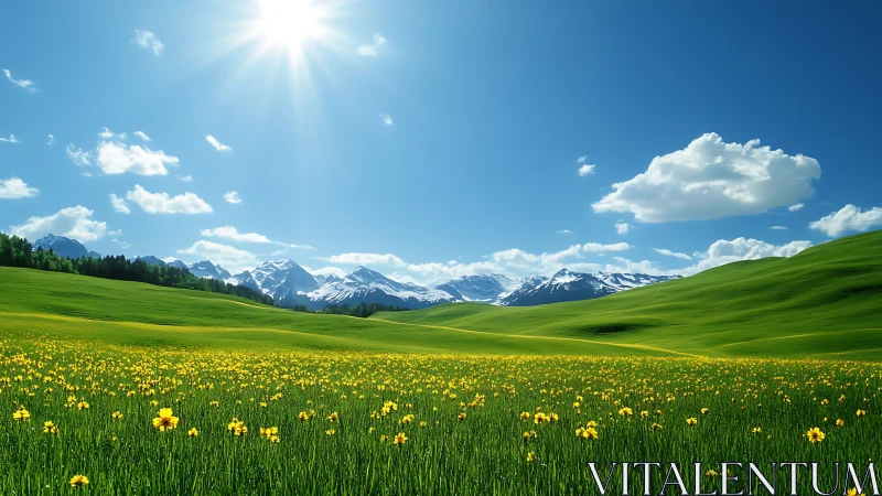Alpine meadow under bright sun with snowcapped mountain backdrop.