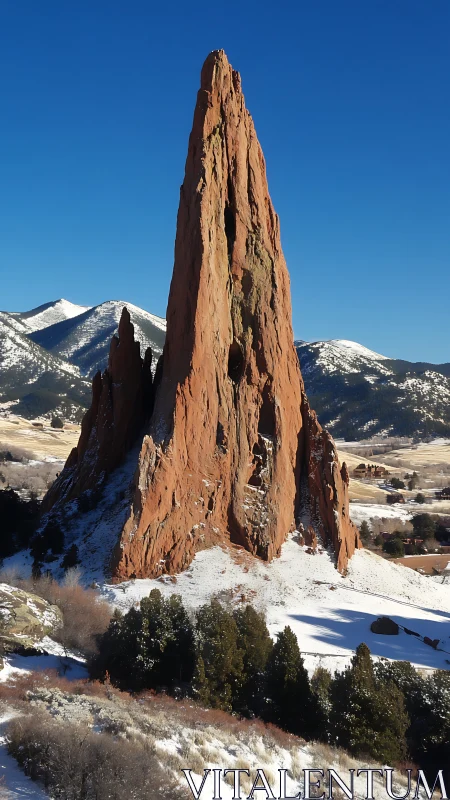 Tall red sandstone spire stands in snowy mountain landscape