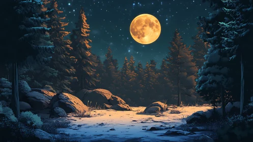 Golden Moon Rising Over Snowy Forest Wilderness