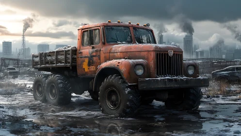 Rusty six-wheeled truck in snowy industrial wasteland.