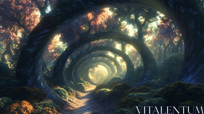 Forest tunnel with concentric tree arches and golden light rays