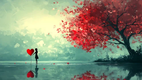 Silhouette figure holding red heart beneath flowering tree landscape