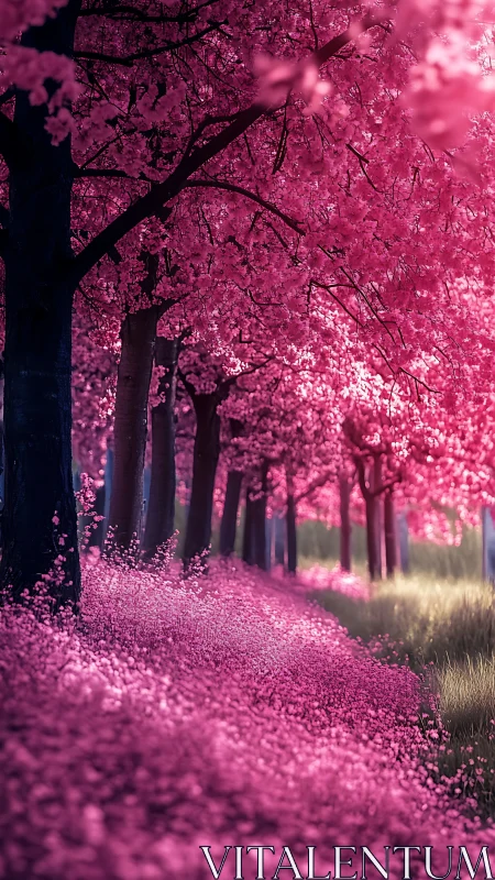 Tree-lined path shows dense pink blossoms in soft light