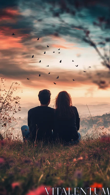 Two Souls Witness Sunset's Symphony with Dancing Birds