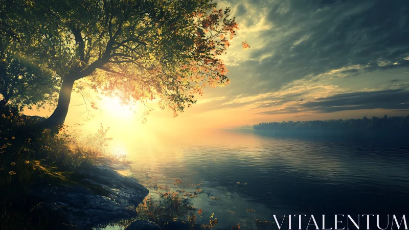 Backlit lakeside tree with low sun over calm water surface.