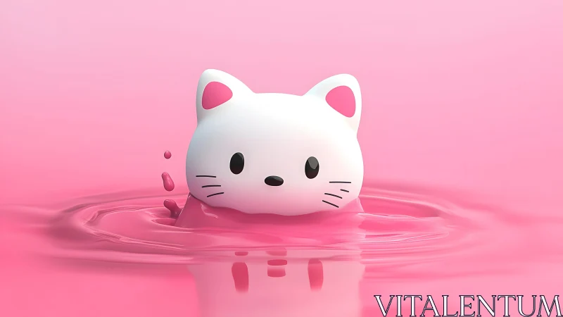 Cute Cartoon Cat Head Floating in Pink Liquid, 3D Digital Art.