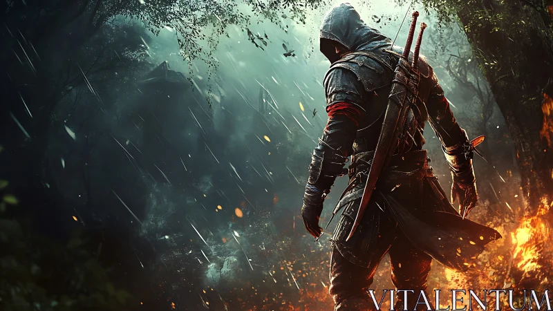 Hooded warrior stands in burning forest during heavy rain