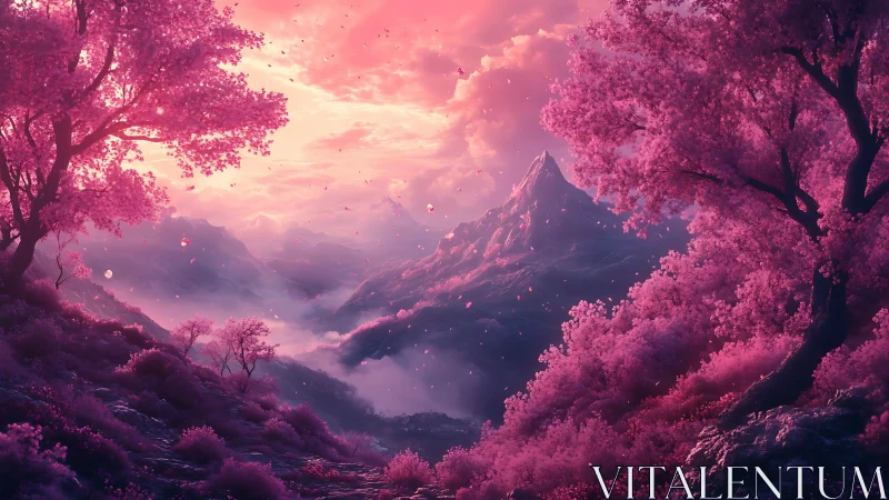 Blossoming pink valley opens toward a dreamy misty mountain