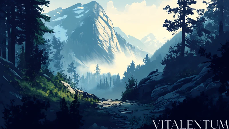 Mountain valley trail through dense conifer forest at dawn